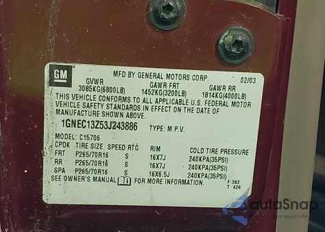 2003 Chevrolet Tahoe Ls from USA, damaged, VIN 1GNEC13Z53J243886